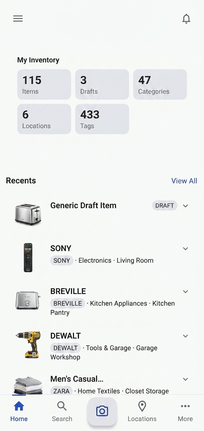 Itemli home screen with items and locations